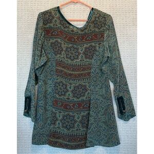 URU Women's VINTAGE Silk Top Jewel Tones OS Green Blue Rust Velvet Trim USA Made